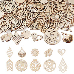 Античный Белый 100шт 10 стили неокрашенные натуральные деревянные большие подвески, очарование лазерной резки, овца, цветок, ромб и слеза, разнообразные, старинный белый, 34~72.5x33~59.2x2 мм, отверстие : 1.8 мм, 10 шт / стиль