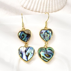 Сердце Серьги-подвески из натуральной латунной раковины морского ушка, долговечный, стойки покрытие, реальный 18 k позолоченный, сердце, 54x17 мм