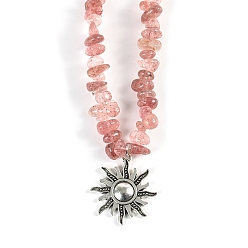 Strawberry Quartz Natural Strawberry Quartz Necklaces, with Alloy Charms, Sun, 14.57 inch(37cm)