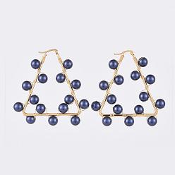 Marineblau Perlenohrringe, Schale mit Perlen, 304 Edelstahlfunde und Kupferdraht, Dreieck, golden, marineblau, 62x61x18 mm, Stift: 0.7x1 mm