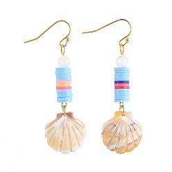 Sky Blue Dangle Earrings, with Polymer Clay Heishi Beads, Cellulose Acetate(Resin) Pendants, Sea Shell Beads and Golden Plated Brass Earring Hooks, Shell Shape, Sky Blue, 58mm, Pin: 0.7mm