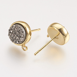 Light Grey Brass Ear Stud Findings, with Druzy Resin Cabochon and Loop, Flat Round, Golden, Light Grey, 15.5x14.5mm, Hole: 1mm, Pin: 0.7mm