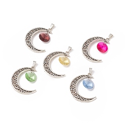Mixed Color Glass Pendants, with Tibetan Style Alloy Finding, Moon, Antique Silver, Mixed Color, 41.5x35x8mm, Hole: 7x2.5mm