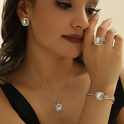 Квадрат Сплав с подвеской из горного хрусталя, браслетом, серьгами и кольцом, платина, квадратный, 21 мм & 400~450 мм & 17 мм & 180~230 мм