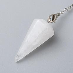 Quartz Crystal Platinum Tone Brass Crystal Cone Hexagonal Pointed Dowsing Pendulums, with Lobster Claw Clasps, 230x3mm