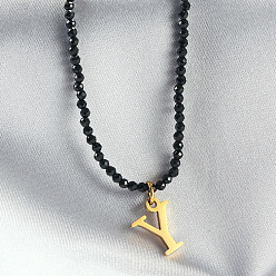 Letter Y 304 подвеска из нержавеющей стали с инициалом, ожерелья из граненых круглых бусин черного стекла для женщин, золотые, Письмо Y, 15.35 дюйм (39 см)