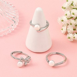 Platinum Adjustable Brass Micro Pave Cubic Zirconia Cuff Open Rings, Natural Cultured Freshwater Pearl Beads Cuff Open Rings for Women, Platinum, 9~10mm, Inner Diameter: 16~17mm