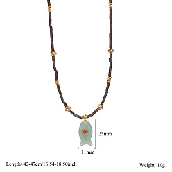 Зеленый Авантюрин Ожерелья с подвеской в виде рыбы из натурального зеленого авантюрина с микропаве из кубических цирконий, 304 ожерелья из нержавеющей стали и стеклянных бусин, золотые, 16.54~18.50 дюйм (42~47 см)