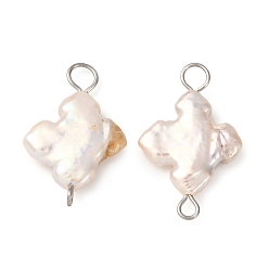 Нержавеющая Сталь Цвет Подвески-крестики из натурального барочного жемчуга Кеши, с 304 двойными петлями из нержавеющей стали, цветочный белый, цвет нержавеющей стали, 23x14.5~16x3~4.5 мм, отверстие : 1.6~3.5 мм