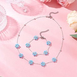 Платина Наборы браслетов и ожерелий из цветочного стекла для женщин, комплекты ювелирных изделий из латунных цепочек, платина, 182 мм