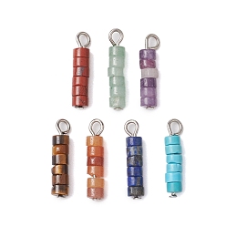 Platinum 7Pcs 7 Styles Chakra Natural Mixed Gemstone Disc Beaded Pendants, Column Charms with Alloy Loops, Mixed Dyed and Undyed, Platinum, 20~21x4mm, Hole: 1.7~2.4mm, 1pc/style