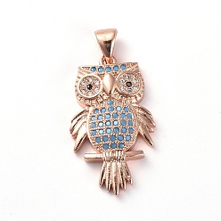 Розовое Золото Латунные микро проложить кубического циркония подвески, сова, красочный, розовое золото , 25x14.5x4 мм, отверстие : 4x4 мм