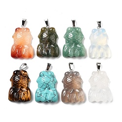 Mixed Stone Natural & Synthetic Mixed Gemstone Pendants, Goldfish Charms with Platinum Plated Iron Snap on Bails, 35~37x24~25x8mm, Hole: 6x3mm