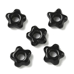 Обсидиан Натуральный обсидиан европейские бусины, цветочные большое отверстие бусы, 14~15x14~15x5.5~6 мм, отверстие : 5 мм