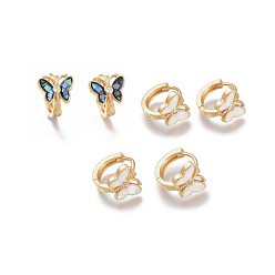 Золотой Серьги-кольца из латуни с микропаве из прозрачного кубического циркония, с естественной оболочке, долговечный, бабочка, золотые, 8x10x2.5 мм, штифты : 1 мм