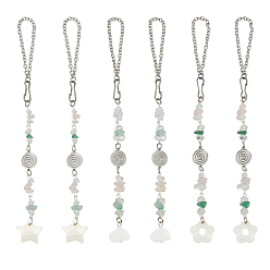 Нержавеющая Сталь Цвет Подвеска в виде натуральной ракушки, облака, цветка и звезды, для украшения автомобиля, с натуральным кварцевым кристаллом, зеленым авантюрином и бусинами из розового кварца, цвет нержавеющей стали, 207~210 мм, 3 стили, 2 шт / стиль, 6 шт / комплект