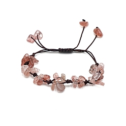 Strawberry Quartz Adjustable Natural Strawberry Quartz Chips Braided Bead Bracelet, Inner Diameter: 2-3/8 inch(6cm)