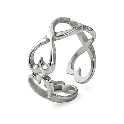 Stainless Steel Color Non-Tarnish 304 Stainless Steel Open Cuff Ring, Hollow Infinity Heart, Stainless Steel Color, US Size 6 1/2(16.9mm)