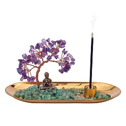 Amethyst Natural Amethyst with Green Aventurine Chips with Brass Incense Burner Holder, with Rose Gold Plated Brass Wires and Buddha, Lucky Tree, 83.5x180x85~100mm