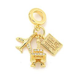 Airplane Реечное покрытие латунь микро паве кубический цирконий европейские подвески с подвесками, Подвески с большими отверстиями, без кадмия и без свинца, долговечный, реальный 18 k позолоченный, самолет, 29 мм, отверстие : 5 мм