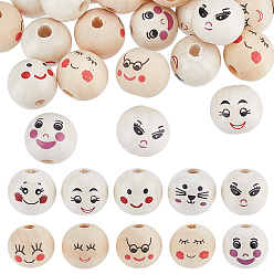 (52) Непрозрачная лаванда 50шт 10 стили деревянные европейские бусины с принтом, бусины с большим отверстием, круглый с улыбающимся лицом, разноцветные, 19.5~20x18 мм, отверстие : 4.5~5 мм, 5 шт / стиль