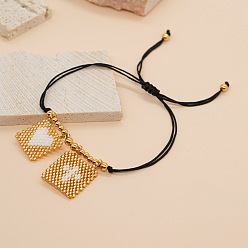 Белый Богемные стеклянные браслеты с подвесками из бисера, плетеные браслеты из синтетического шнура для женщин, прямоугольник с крестом и сердцем, с 304 из нержавеющей стали бусы, белые, 11.02 дюйм (28 см)