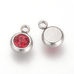 Mixed Color 201 Stainless Steel Rhinestone Charms, Birthstone Charms, Flat Round, Stainless Steel Color, Mixed Color, 8.5x6x3mm, Hole: 1.5mm