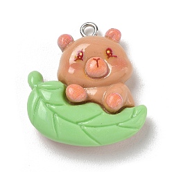 Lime Opaque Resin Pendants, Animal with Leaf Charm, with Platinum Iron Eye Pin, Lime, 28x25x8.5mm, Hole: 2mm