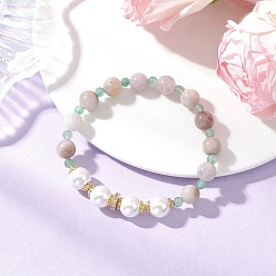 Аметист Браслеты из натурального зеленого авантюрина и аметиста для женщин, с бусинами из ракушечного жемчуга и фурнитурой из латуни и 304 нержавеющей стали, внутренний диаметр: 2-1/4 дюйм (5.6 см)