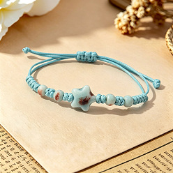 Turquesa Oscura Pulseras ajustables hechas a mano con cuentas de poliéster y estrella de porcelana trenzada., turquesa oscuro, 2.36~9.84 pulgada (6~25 cm)