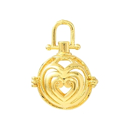 Golden Brass Cage Pendants, Round with Heart Charms, Rack Plating, Golden, 31.5x23x18mm, Hole: 6x5mm