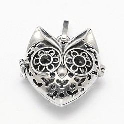 Antique Silver Rack Plating Brass Hollow Kitten Cage Pendants, for Chime Ball Pendant Necklaces Making, Cat Heat Shape, Antique Silver, 32.5x32.5x17mm, Hole: 9x3.5mm, inner: 23.5x25mm