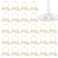 Золотой 26 шт. 26 стили буквы a~z с бантом из сплава эмали и АБС-пластика с перламутровым стеклом для бокалов для вина, с латунным кольцом-подвеской для бокала для вина, золотые, 52 мм, 1 шт / стиль