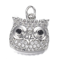 Platinum Brass Micro Clear & Black Cubic Zirconia Charms, Long-Lasting Plated, Owl Shape, Platinum, 12x11.5x4mm, Hole: 3mm
