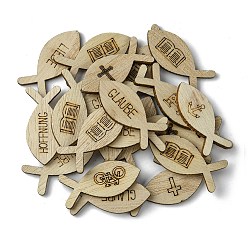 Beige 100Pcs Wood Cabochons, Fish with Book/Word/Cross Pattern, Beige, 40.5x17.5x2.5mm, 100pcs/set