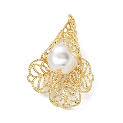 Настоящее золото 18K Стойки обшивки латунные подвески, с пластмассовой жемчужиной abs, долговечный, без свинца и без кадмия, лист, реальный 18 k позолоченный, 29.5x21x14.5 мм, отверстие : 1.4x2 мм