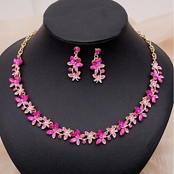 Фуксиновый Сплава горный хрусталь комплектов ювелирных изделий, включают браслеты, серьги и ожерелья, цветок, красно-фиолетовые, 450 мм