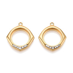 Настоящее золото 18K 304 подвески в форме ромба из нержавеющей стали и хрустальных страз, ионное покрытие (ip), реальный 18 k позолоченный, 22x19x2.5 мм, отверстие : 1.2 мм