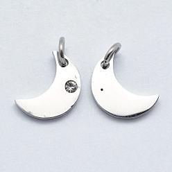 Stainless Steel Color 316 Surgical Stainless Steel Pendants, with Cubic Zirconia, Moon, Clear, Stainless Steel Color, 12x9x2mm, Hole: 3mm