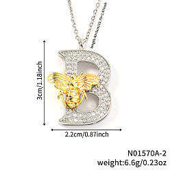 Letter B Подвеска в виде пчелы с микропаве из прозрачного кубического циркония в виде микрофибры, латунная, с инициалами., платиной и золотом, В письме, 15.75 дюйм (40 см), Кулон : 30x22 мм