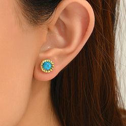 Настоящее золото 18K Плоские круглые серьги-гвоздики из нержавеющей стали, с синтетическими бирюзовый, реальный 18 k позолоченный, 14x8 мм