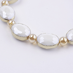 White Opaque Glass Beads Strands, with Brass Findings, Pearl Luster Plated, Faceted, Oval, Golden, White, 12x16x7.5mm, Hole: 1mm, about 10pcs/strand, 8.2 inch (21cm)