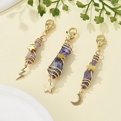 Лиловый Подвесные украшения из гальванизированного натурального кварцевого кристалла в виде проволоки, с подвесками в виде луны, звезд и молний из нержавеющей стали и застежками-лобстерами, сирень, 53~62 мм, 3 шт / комплект