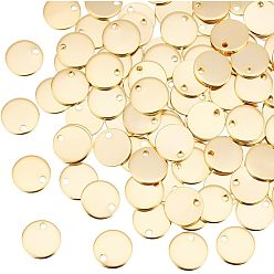 Настоящее золото 18K Ионное покрытие (ip) 304 брелоки из нержавеющей стали, плоско-круглые, штамповка пустой метки, реальный 18 k позолоченный, 10x1 мм, отверстие : 1.5 мм, 100 шт / коробка