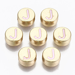 Letter J Legierung Emaille-Perlen, cadmiumfrei und bleifrei, flach rund mit Anfangsbuchstaben, Licht Gold, Perle rosa, letter.j, 8x4 mm, Bohrung: 1.5 mm