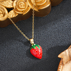 Strawberry Brass Enamel Fruit Pendant 201 Stainless Steel Cable Chain Necklaces for Women, Ion Plating(IP), Real 18K Gold Plated, Red, Strawberry, 15.75 inch(40cm)