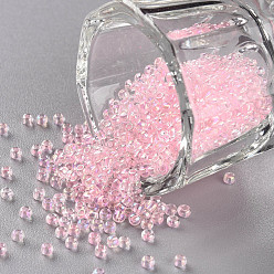 Pink 11/0 Grade A Round Glass Seed Beads, Transparent Inside Colours, AB Color Plated, Pink, 2.3x1.5mm, Hole: 1mm, about 48500pcs/pound