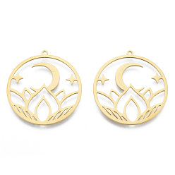 Настоящее золото 18K 201 подвески из нержавеющей стали, луна с цветочным шармом, реальный 18 k позолоченный, 34x32x1 мм, отверстие : 1.6 мм