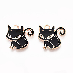 Черный Подвески из эмали и сплава, кошка, золотой свет, чёрные, 21x20x1.5 мм, отверстие : 2 мм