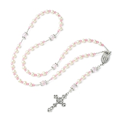 Pink Ожерелье из стеклянных жемчужных четок, колье с подвеской в виде креста и Девы Марии из сплава, розовые, 24.41 дюйм (62 см)